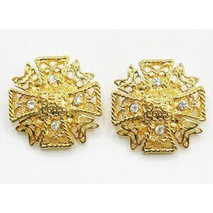 Vtg Kenneth Jay Lane KJL Earrings Gold Tone Rhinestones Maltese Cross Clip On